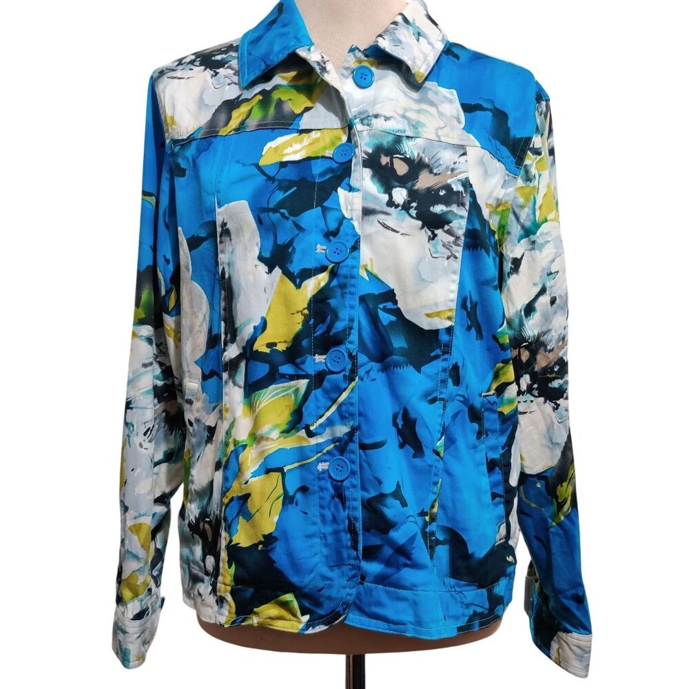 Coldwater Creek M Womens Jacket Painterly Floral Print Cotton Vintage Blue 2000s